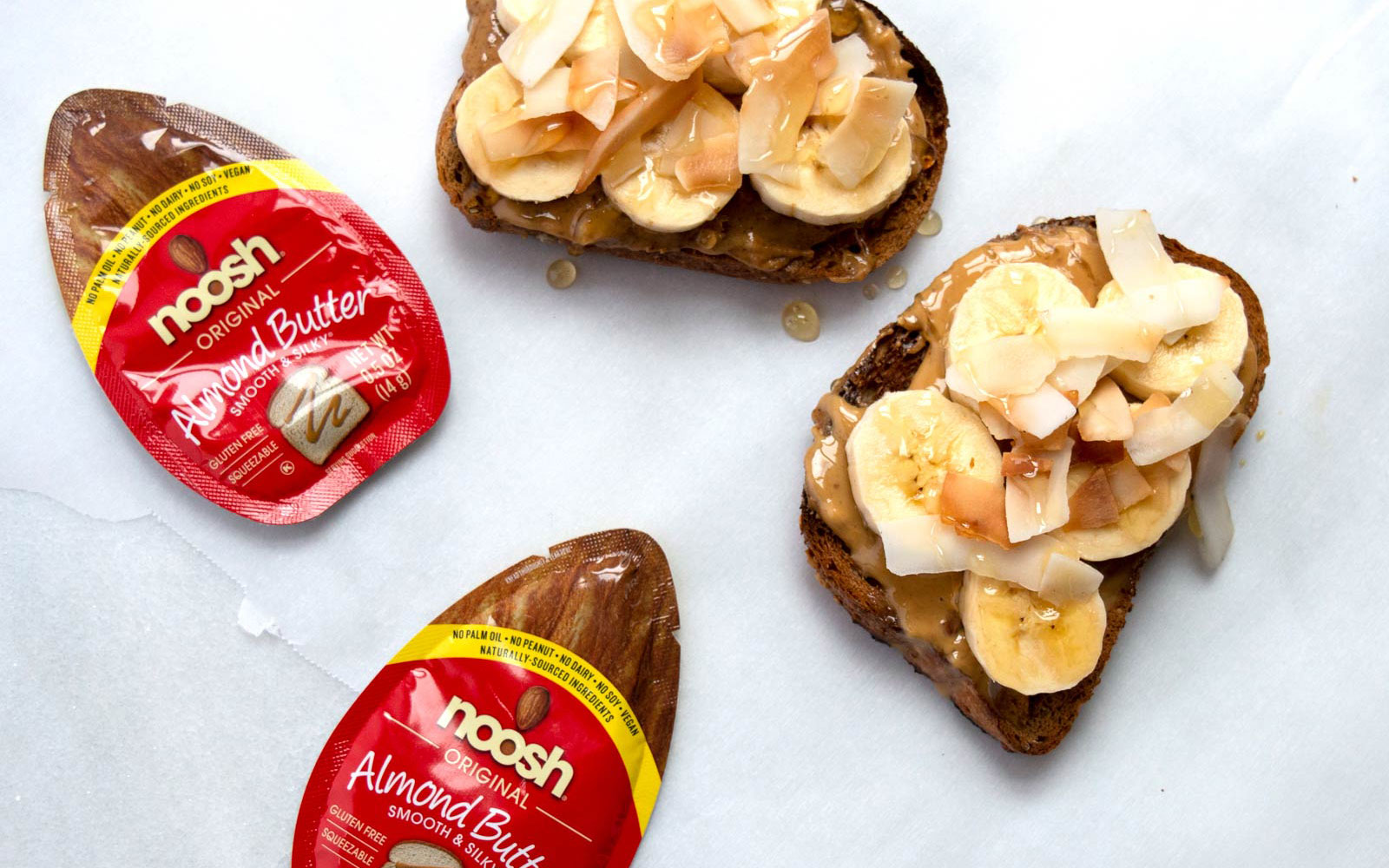 noosh almond butter healthy snacks almond banana coconut toast